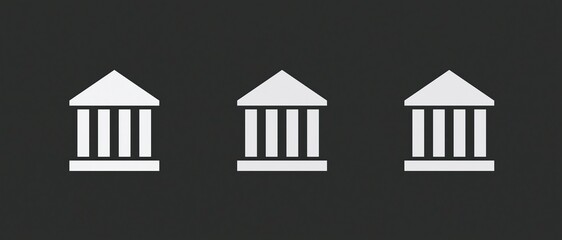 Fototapeta premium Three White Classical Building Icons Representing Finance, Government, or Education on a Dark Background