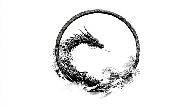 Black and white illustration of a mythical dragon curling around a circular frame with splashing water elements