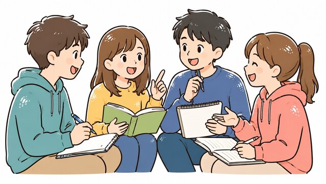 4人の男女学生が笑顔でグループ学習やディスカッションをする交流風景イラスト