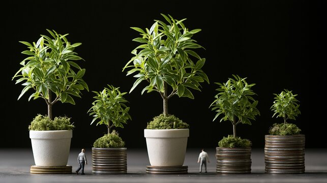 Miniature plants growing in pots and coin stacks symbolizing financial growth with tiny figures walking among them against a dark background