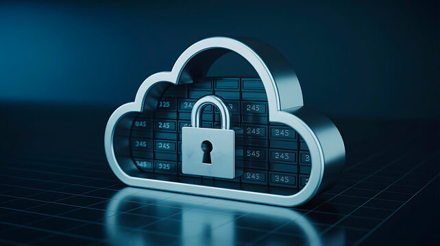 Metallic cloud icon featuring a locked padlock protecting digital server storage units against a dark blue grid reflection floor surface