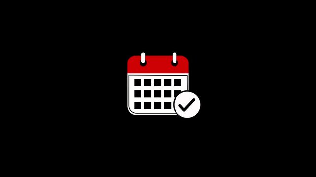 Calendar icon with checkmark on black background. Calendar checkmark confirmation. Daily calendar date icon with check mark for schedule management, appointment confirmation, productivity planning
