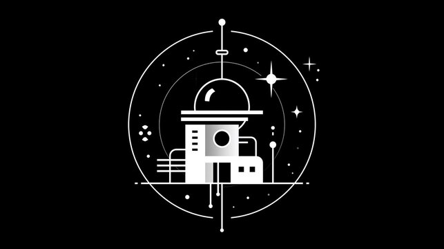 Minimalist Futuristic Observatory Building Icon in Outer Space with Stars and Planets