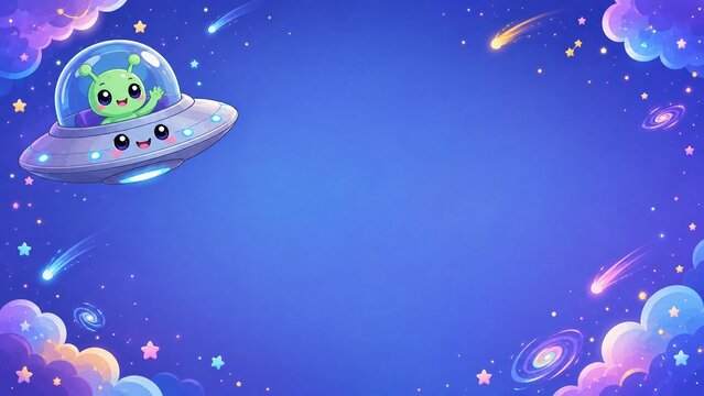 Cute UFO with Friendly Alien Kawaii Cartoon Flat Vector Illustration with Copy Space