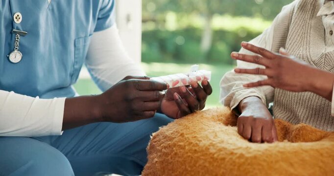 People, hands and pills with container for medication, discussion or dosage information in home. Nurse, senior patient and prescription tablets for pharmaceuticals, supplement or treatment in house