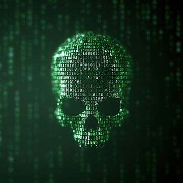 Digital Skull Formed by Binary Code, Representing Cyber Security Threat