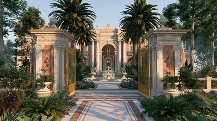 Fototapeta premium Grand mansion entrance with golden gates and fountain surrounded by palm trees and lush gardens under clear sky