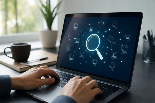 Hands typing on laptop keyboard with data analysis search icon and document files hologram representing information discovery and digital archiving.