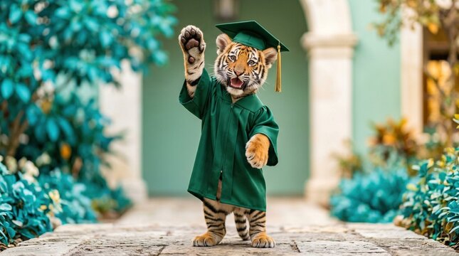 Realistic tiger wearing green graduation gown and cap standing confidently inside classroom celebrating academic achievement education perseverance success future goals and lifelong learning