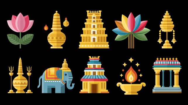Colorful flat vector icons depicting traditional Indian cultural symbols including temples, elephants, flowers, and religious artifacts