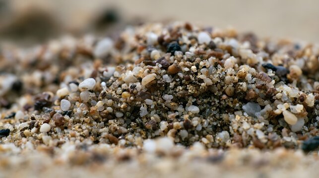 Close up of mixed sand grains showing varied textures and natural color tones under soft lighting
