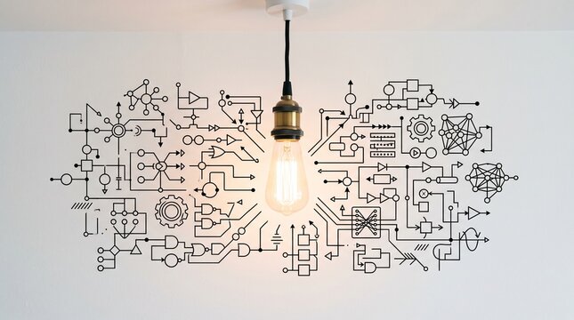 A glowing light bulb surrounded by intricate electronic circuit diagrams on a white wall