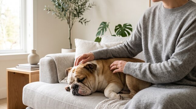 Woman petting sleeping English bulldog on couch in bright living room.