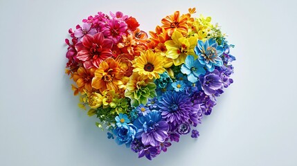 Obraz premium Vibrant Rainbow Heart Shape Crafted from Assorted Colorful Flowers on a Clean White Background