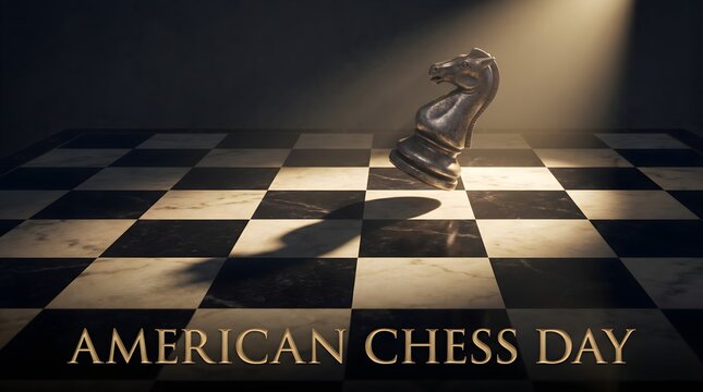 American Chess Day greeting with silver knight piece, dramatic spotlight on marble chessboard, strategic competition concept illustration