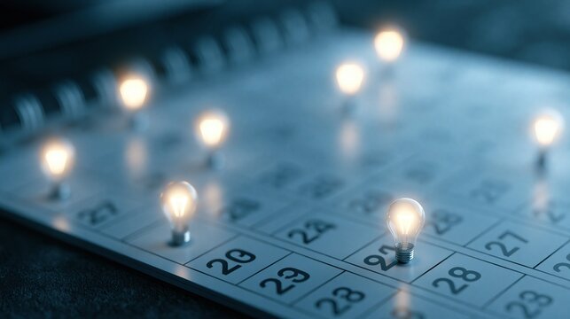 Illuminated light bulbs scattered across a calendar grid, symbolizing ideas, planning, and deadlines