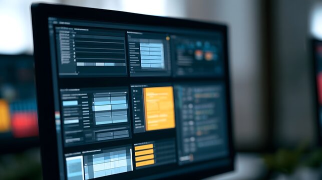 A computer monitor displaying multiple organized showing modern innovation cues and sharp minimal detail