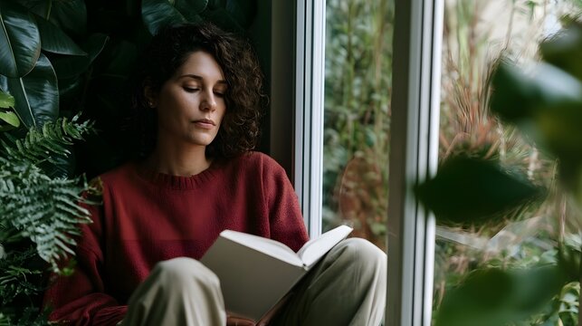 A woman with curly hair sits by a window surrounded by lush green plants while reading an open book