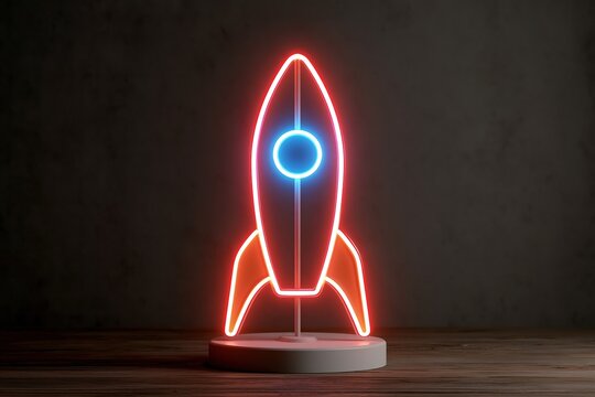 Glowing neon rocket lamp on wooden table with blue circular window against dark textured wall