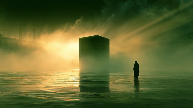 Mysterious hooded figure contemplates a colossal monolithic cube in a surreal, foggy, alien landscape with golden light rays