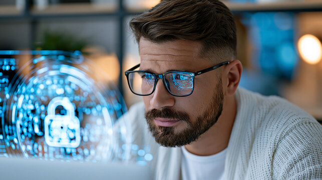 Faceless IT specialist analyzing data using augmented reality and AI to detect security risks in tech office, defocused background, with copy space