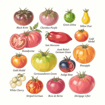 Organic Heirloom Tomato Assortment Drawing For Agriculture Magazines And Vegan Cooking Sites