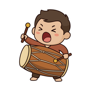 Chibi Musician Playing Southeast Asian Barrel Drum Isolated on White