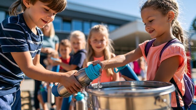 Kinder f&uuml;llen gemeinsam Wasser in einen grossen Topf bei einem Schulprojekt