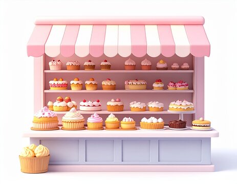 cute 3D cartoon traditional market pastry and cake stall, adorable chibi style, traditional cakes and desserts
