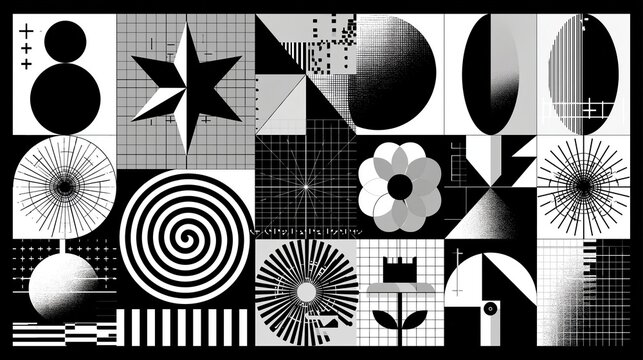 Monochrome geometric collage featuring abstract shapes patterns and gradients in black white and gray tones