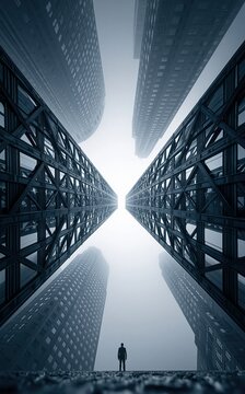 A lone figure stands at the base of towering skyscrapers reaching towards a bright sky in an urban canyon.
