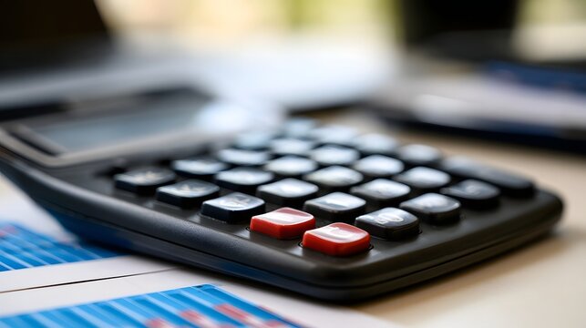 A black calculator with red buttons sits on a desk beside printed financial charts and documents