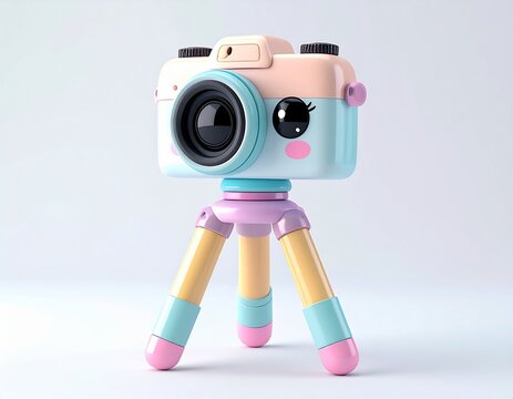 cute 3D cartoon camera tripod, adorable chibi style, three-legged camera stand with small camera mounted on top