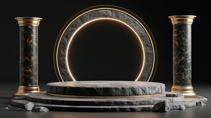 Fototapeta premium Elegant Marble Pedestal Stage with Golden Accents and Circular Neon Light Backdrop