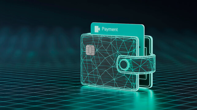 Digital crypto wallet with glowing wireframe mesh, secure electronic payment card with chip, futuristic fintech concept for online banking and blockchain transactions