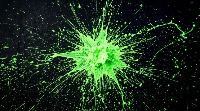 Vibrant neon green paint splash explosion with macro hammered textures and liquid droplets on dark black background