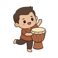 Chibi Musician Boy Playing Traditional Asian Goblet Drum