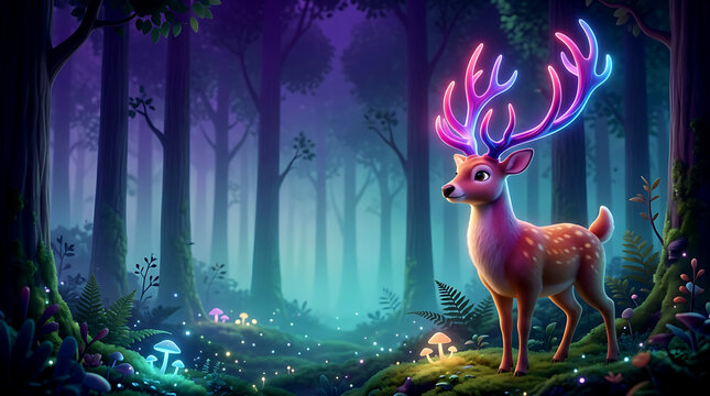 3D Deer with Glowing Neon Antlers Standing in Enchanted Forest with Bioluminescent Mushrooms and Magical Light Particles Background