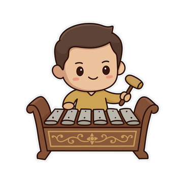 Chibi Cartoon Boy Playing Asian Metal Xylophone Instrument