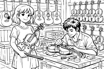 A woman repairs a violin while a young boy watches nearby © Diono