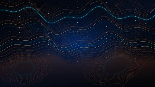 Abstract copper isoline terrain map with glowing blue lines and particles moving