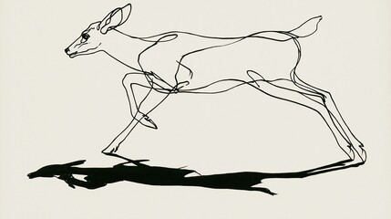 Obraz premium Elegant Continuous Line Drawing of a Fawn in Motion with Dramatic Shadow
