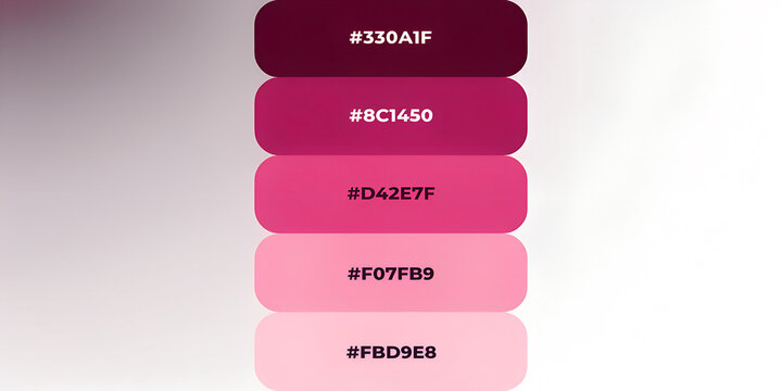 Pink Color Palette Swatch Cards With Hex Codes Displayed As Stacked Rounded Rectangle Shapes On Soft Gradient Background Brand Guideline And Style Guide Mockup Design Concept