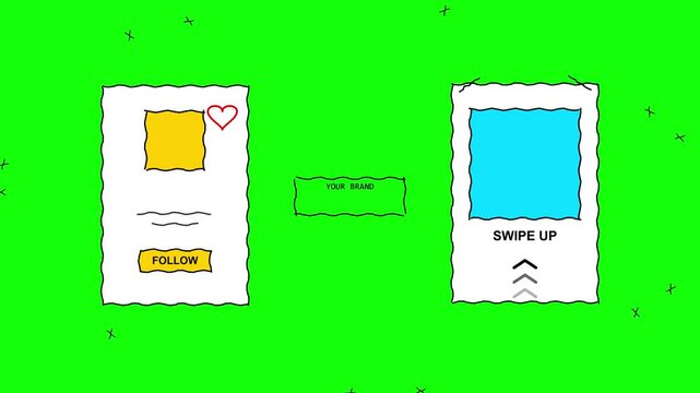 Cartoon social media post templates with interactive elements on a vibrant green screen background.