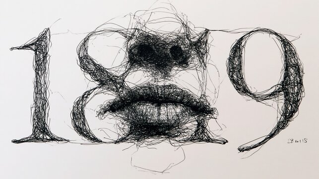 Abstract black ink drawing on white paper depicting the number eighteen ninety nine formed by chaotic scribbles