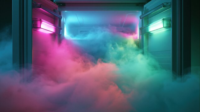 Futuristic industrial garage entrance illuminated with vibrant pink and turquoise neon lights, filled with swirling fog