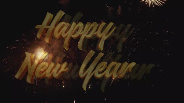 Happy New Year golden 3D text animation, festive fireworks background with sparkling light effects, elegant holiday greeting video for celebration