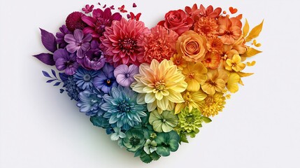 Obraz premium Vibrant Heart Shape Arrangement of Diverse Flowers in Rainbow Gradient, Symbolizing Love and Diversity