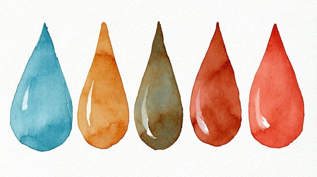 Five colorful watercolor droplets in shades of blue orange brown red and coral arranged horizontally on a white textured background