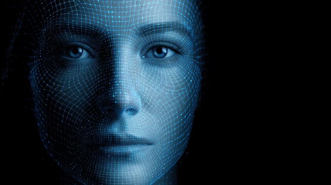 Futuristic wireframe face with glowing blue grid overlay against dark background suggesting artificial intelligence